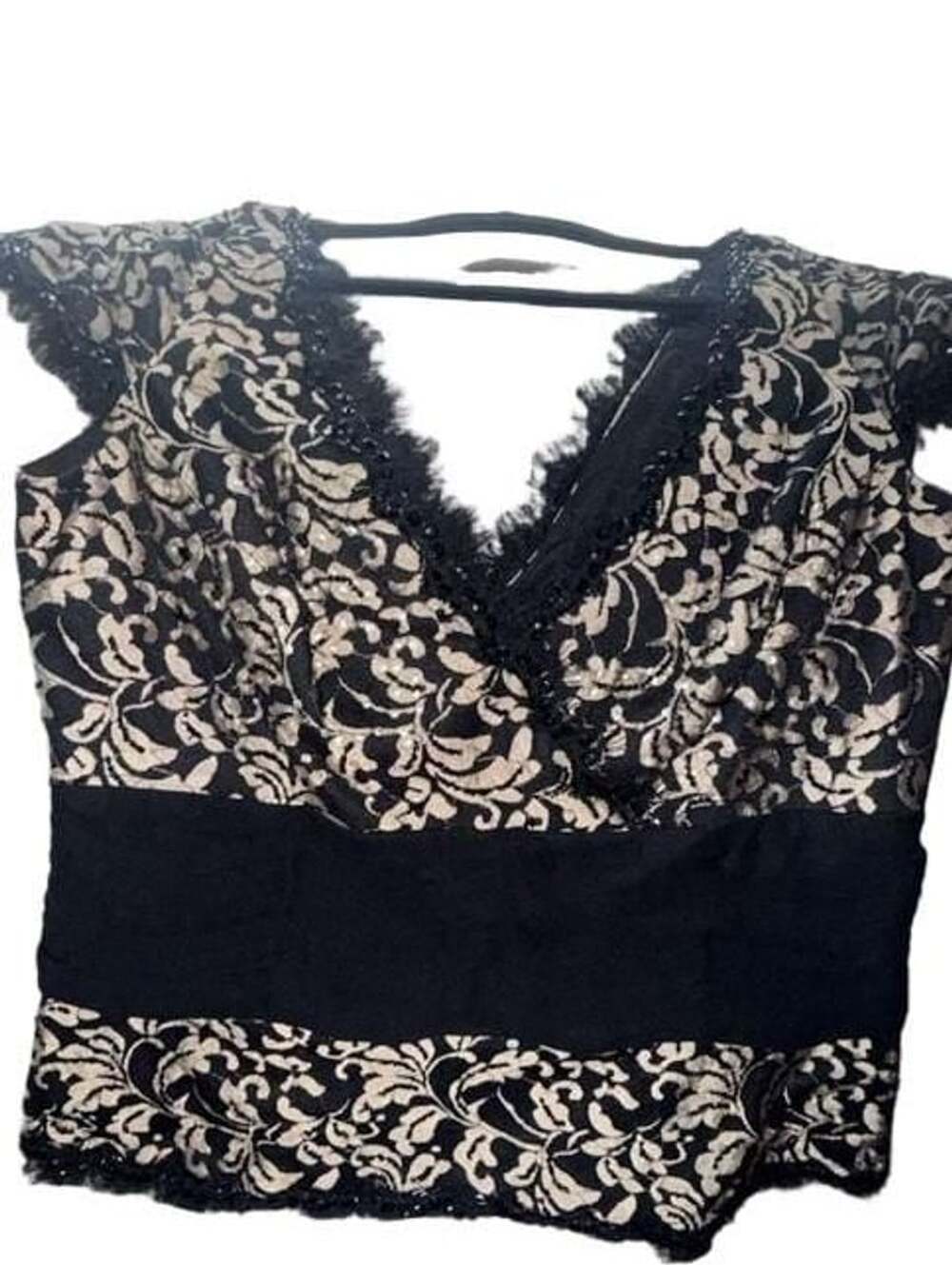 Tadashi Collection Black and Nude Lace Plunge Neck Sequin Top Size 14